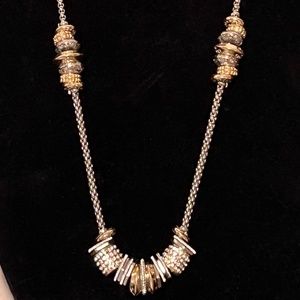 Gold, Silver & Crystal Rhinestone Necklace Multi-Ringed Pendants 18”-22” Long